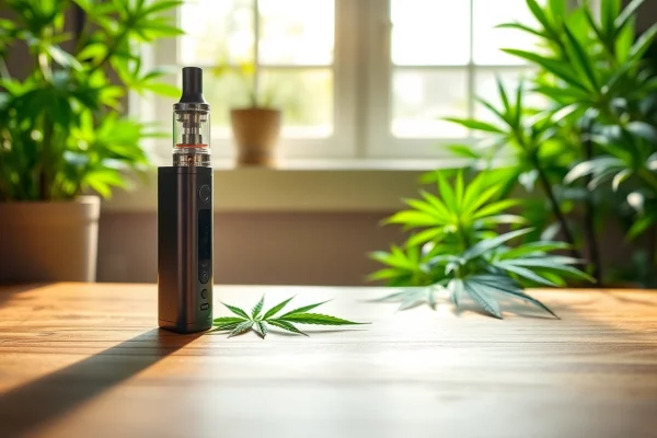 Showcasing a canabis vape device surrounded by greenery, emphasizing wellness.